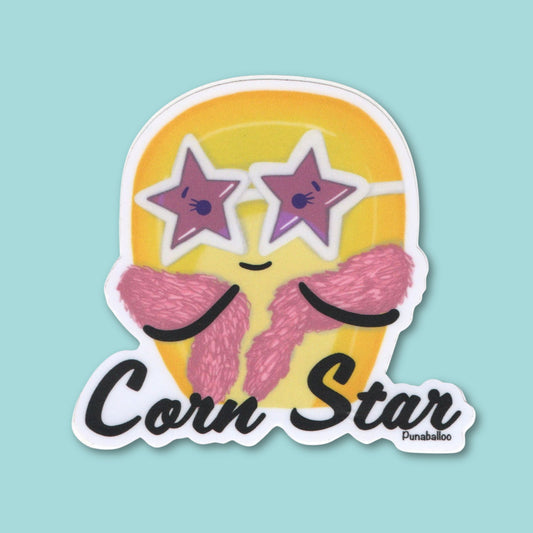 “Corn Star” corn sticker — hand-drawn food pun design by Punaballoo, waterproof vinyl decal for snack lovers and humor fans on a mint green background.