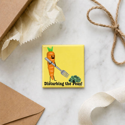 Disturbing the Peas carrot pun magnet in a gift flat lay