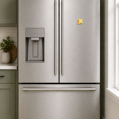 Disturbing the Peas carrot pun magnet on a stainless steel refrigerator
