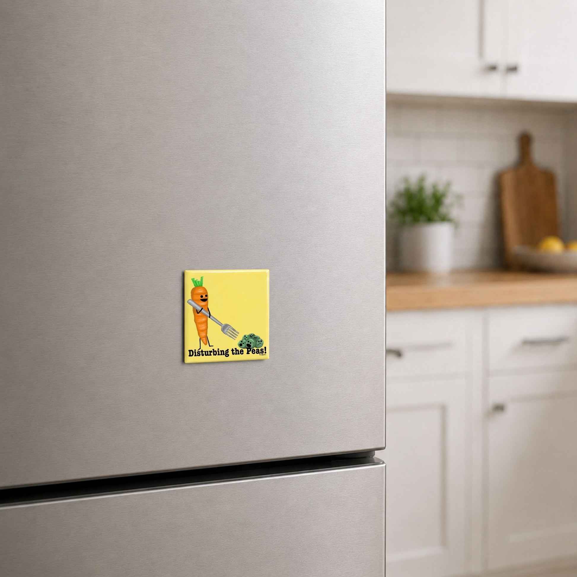 Disturbing the Peas funny vegetable magnet on a kitchen fridge