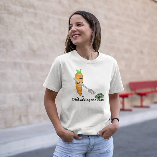 Disturbing the Peas pea pun tee styled on model