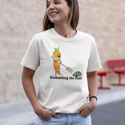 Disturbing the Peas pea pun t-shirt tyled on a model