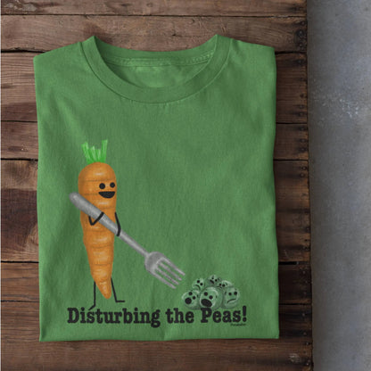 Disturbing the Peas vegetable pun shirt flat lay Green