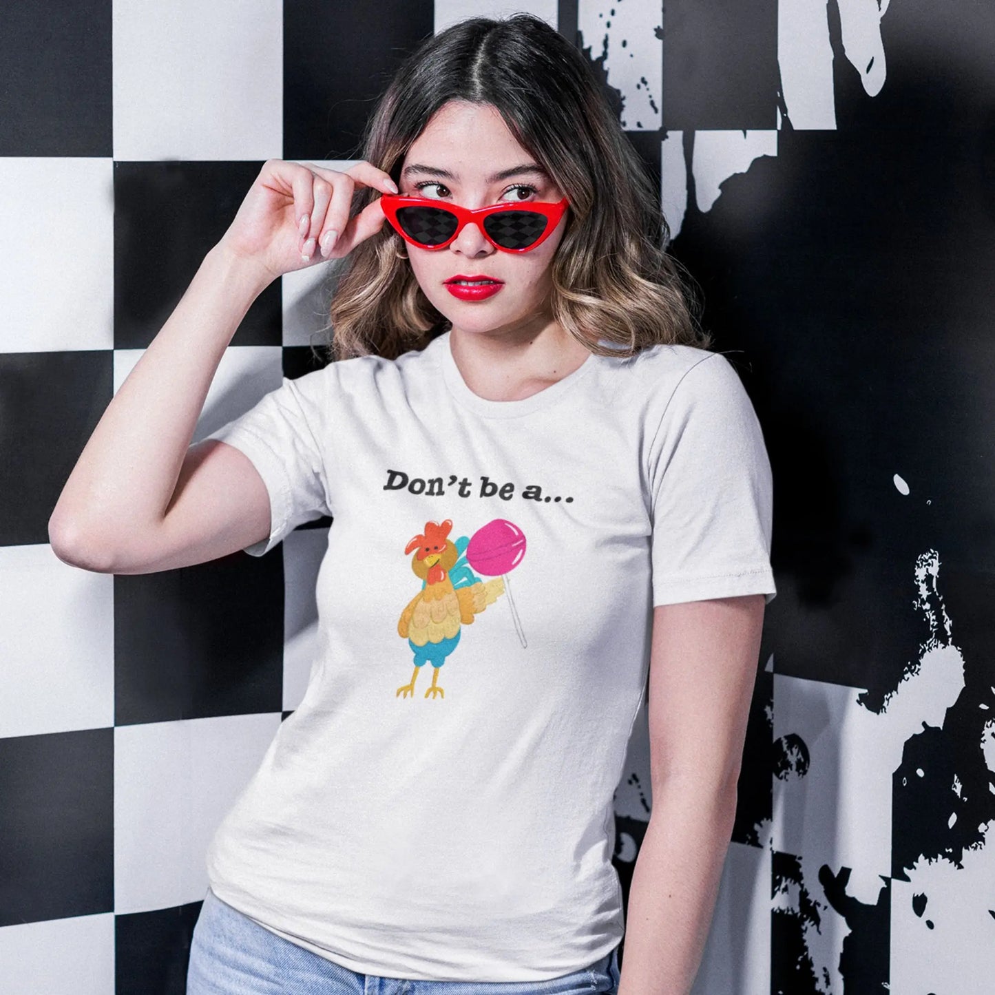 Don't Be A Cock Sucker Funny Chicken Pun T-Shirt Styled on a Model