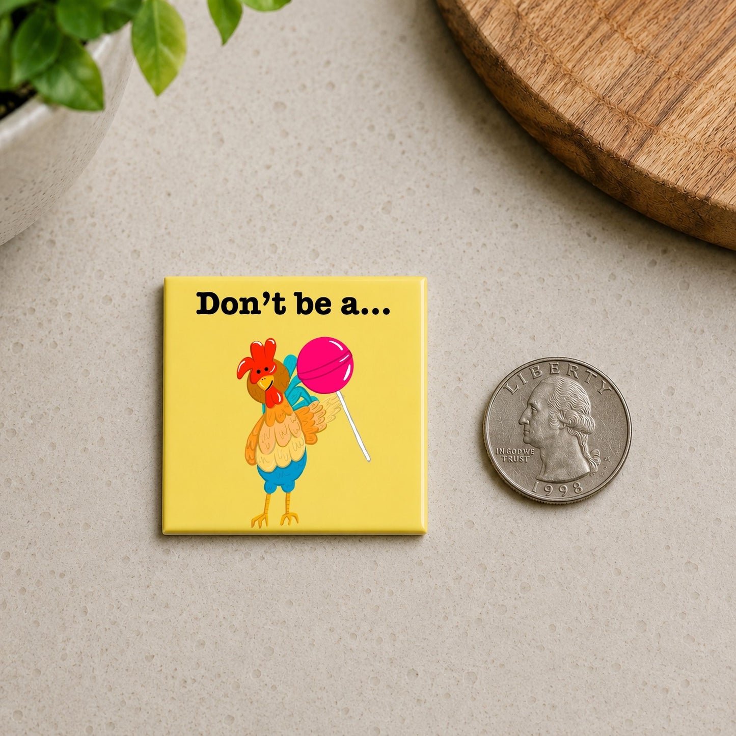 Don’t Be a Cocksucker funny chicken magnet on a countertop beside a quarter for size