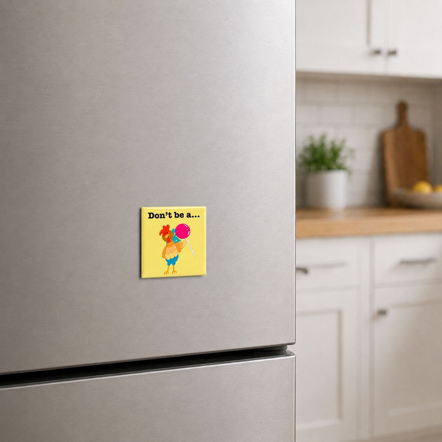 Don’t Be a Cocksucker funny chicken magnet on a kitchen fridge