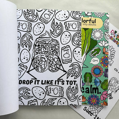 Drop It Like It’s Tot tater tot pun coloring page inside funny adult coloring book bundle