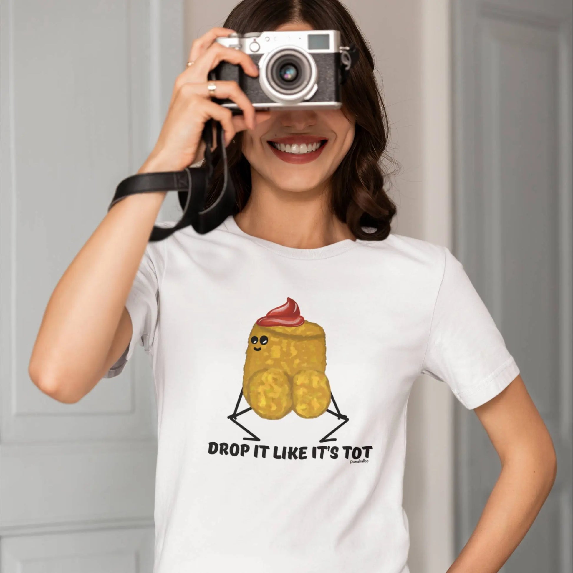 Drop It Like It’s Tot tater tot pun tee styled on model