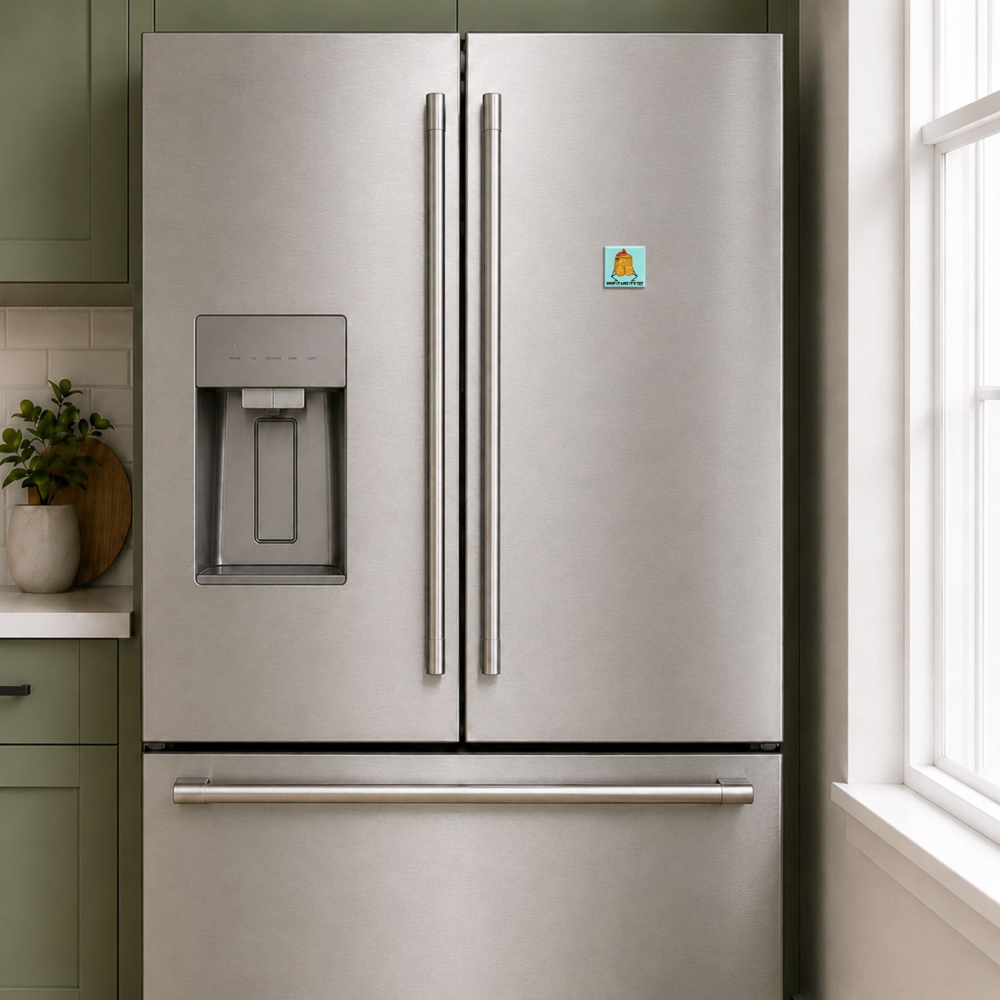 Drop It Like It’s Tot tater tot pun magnet on a stainless steel refrigerator