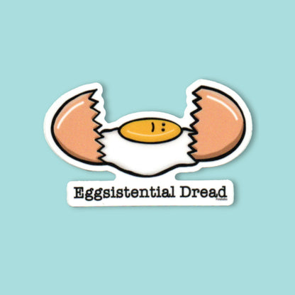 Eggsistential Dread funny egg sticker on a mint green background