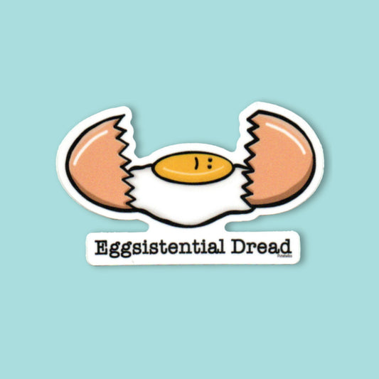 Eggsistential Dread funny egg sticker on a mint green background