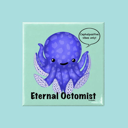 Eternal Octomist funny octopus pun on a square mint green magnet