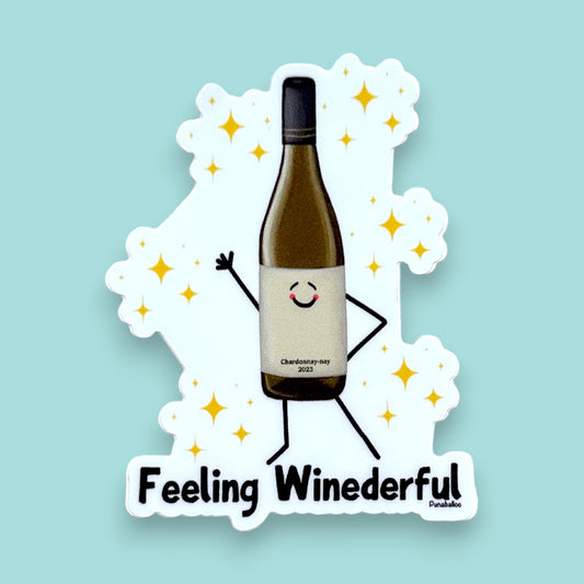 “Feeling Winederful” wine sticker — hand-drawn wine pun design by Punaballoo, waterproof vinyl decal for wine lovers and humor fans.