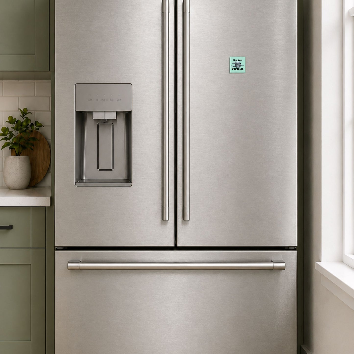 Find Your Porpoise porpoise pun magnet on a stainless steel refrigerator