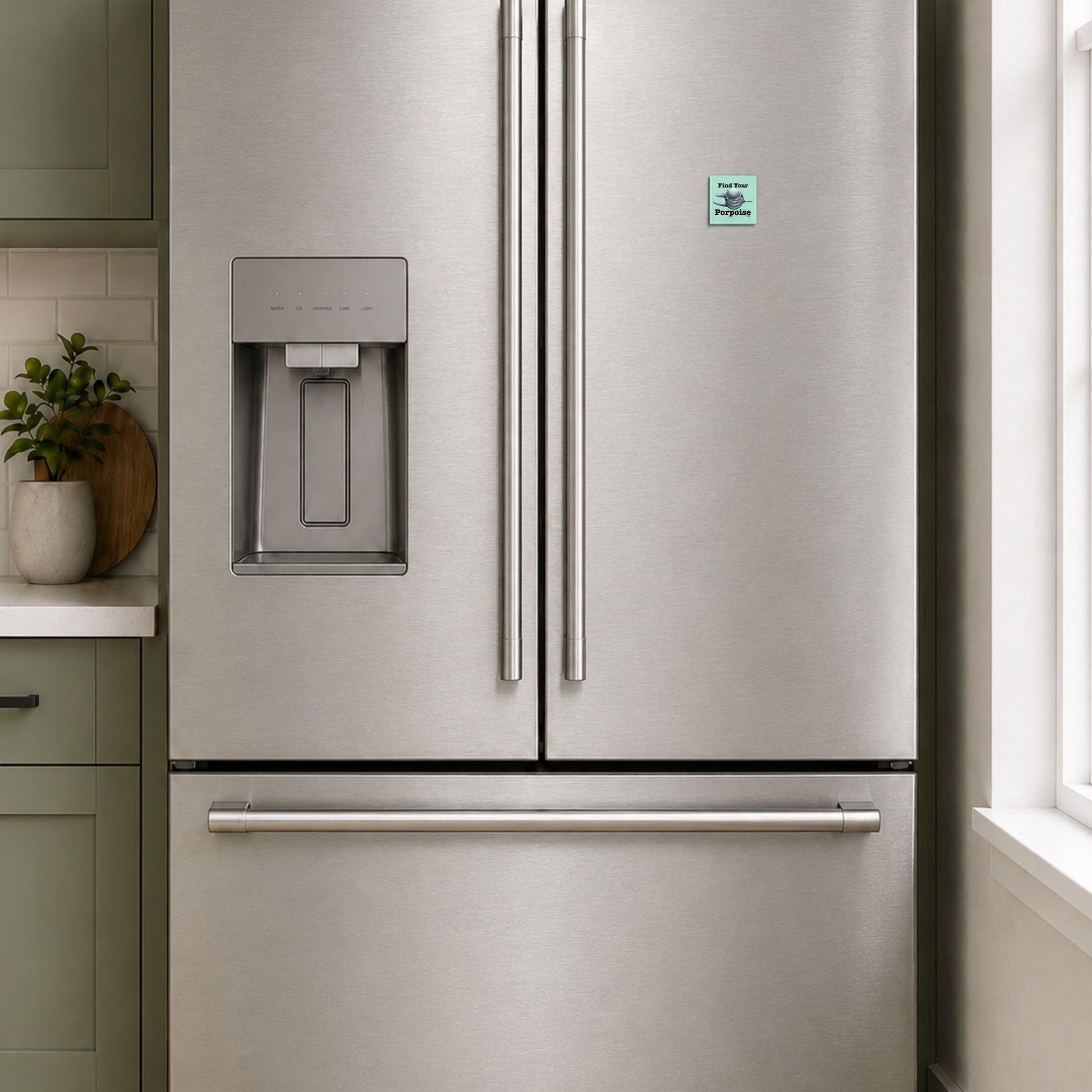 Find Your Porpoise porpoise pun magnet on a stainless steel refrigerator