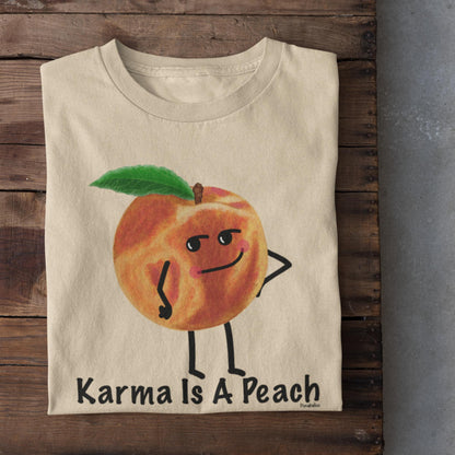 Folded Soft Cream Karma Is a Peach fruit pun shirt on rustic wood background