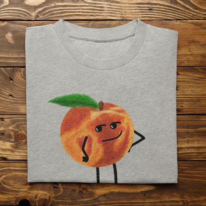 Folded athletic heather Karma Is a Peach funny peach t-shirt on rustic wood background