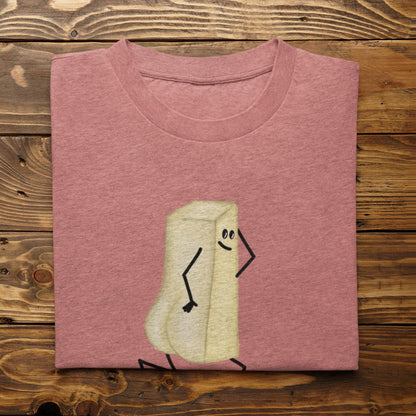 Folded heather mauve You Butter Twerk butter pun t-shirt on rustic wood background