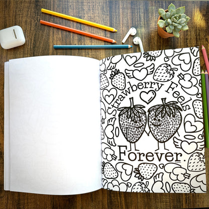 Food coloring book interior showing single-sided pages for stress relief