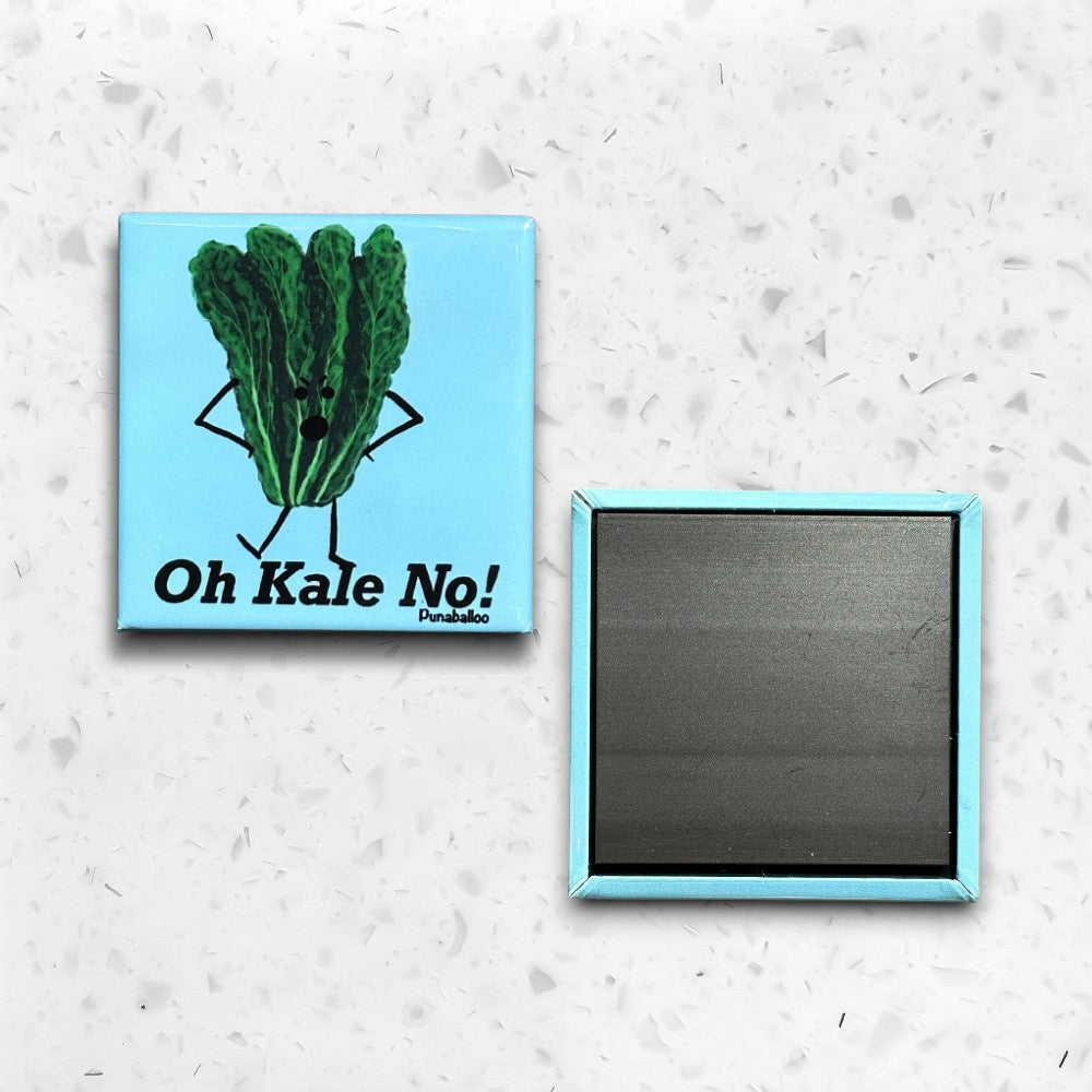 Front and back picture of Foodie magnet with original hand-drawn kale pun artwork and magnet back