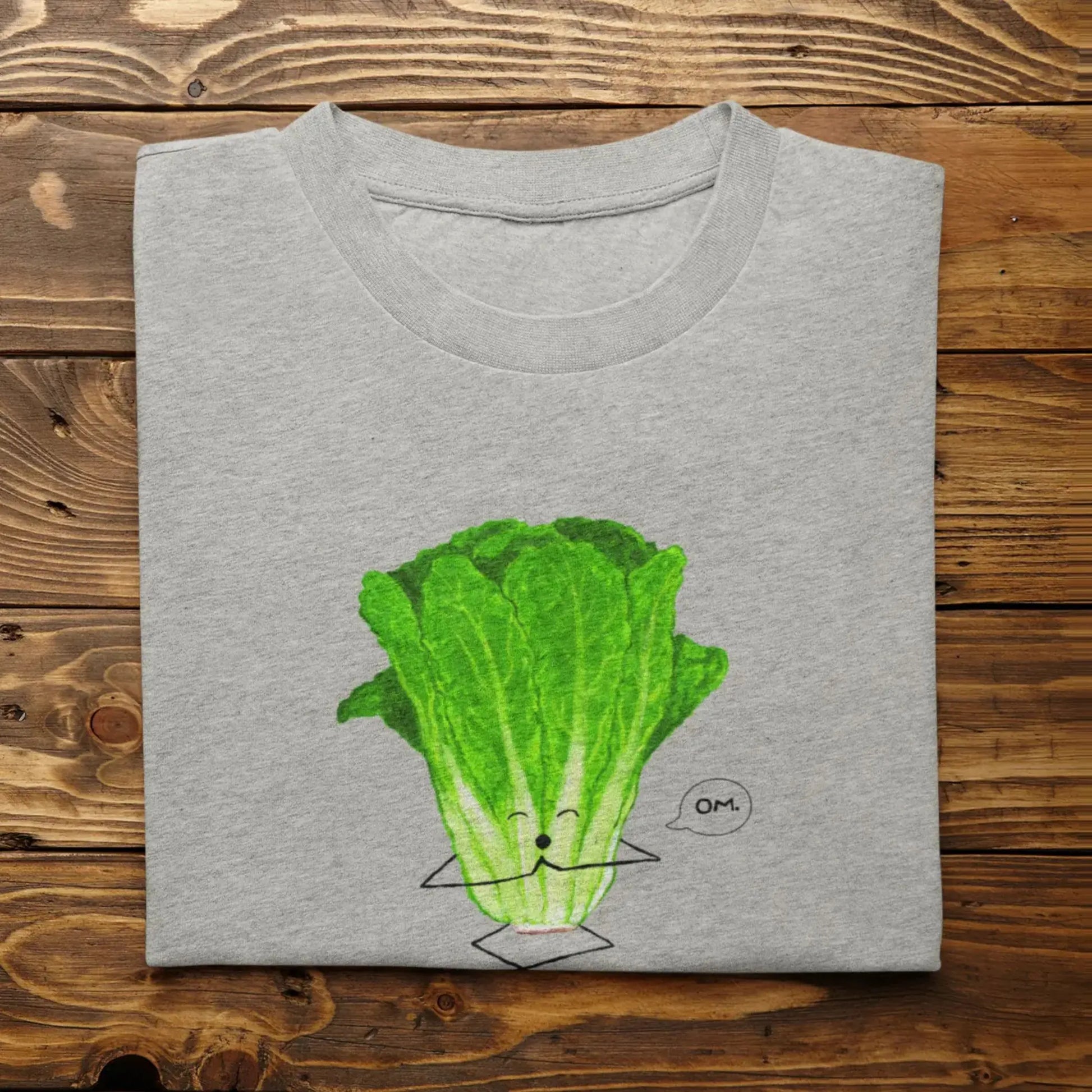 Funny Lettuce Pun T-Shirt “Romaine Calm” flat lay with hand-drawn lettuce pun heather gray