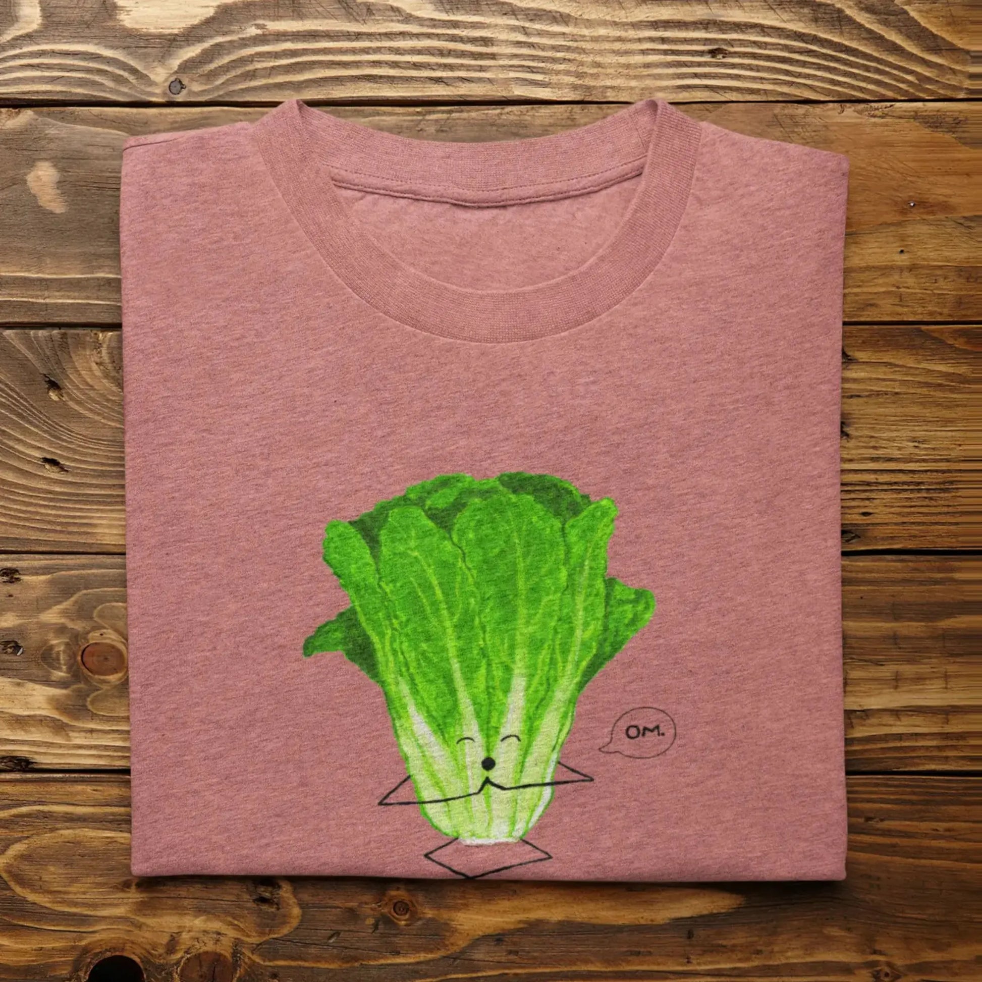 Funny Lettuce Pun T-Shirt “Romaine Calm” flat lay with hand-drawn lettuce pun heather mauve