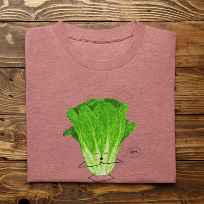 Funny Lettuce Pun T-Shirt “Romaine Calm” flat lay with hand-drawn lettuce pun heather mauve