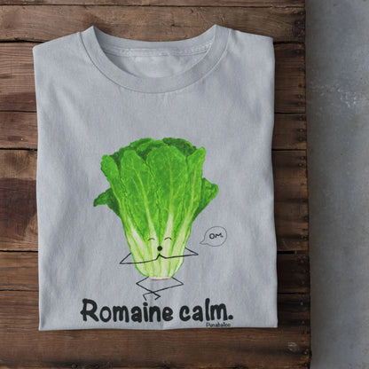 Funny Lettuce Pun T-Shirt “Romaine Calm” flat lay with hand-drawn lettuce pun light blue