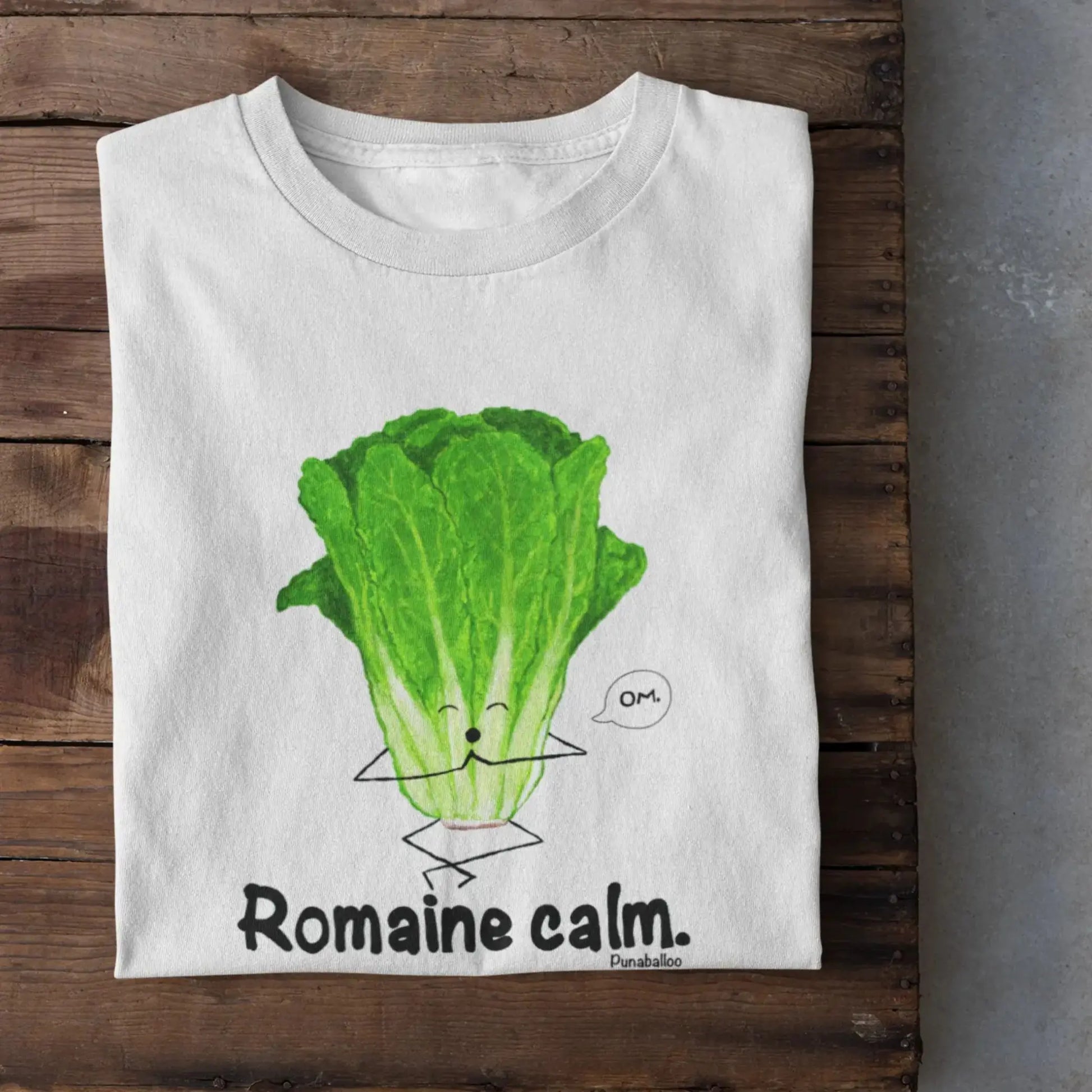 Funny Lettuce Pun T-Shirt “Romaine Calm” flat lay with hand-drawn lettuce pun white