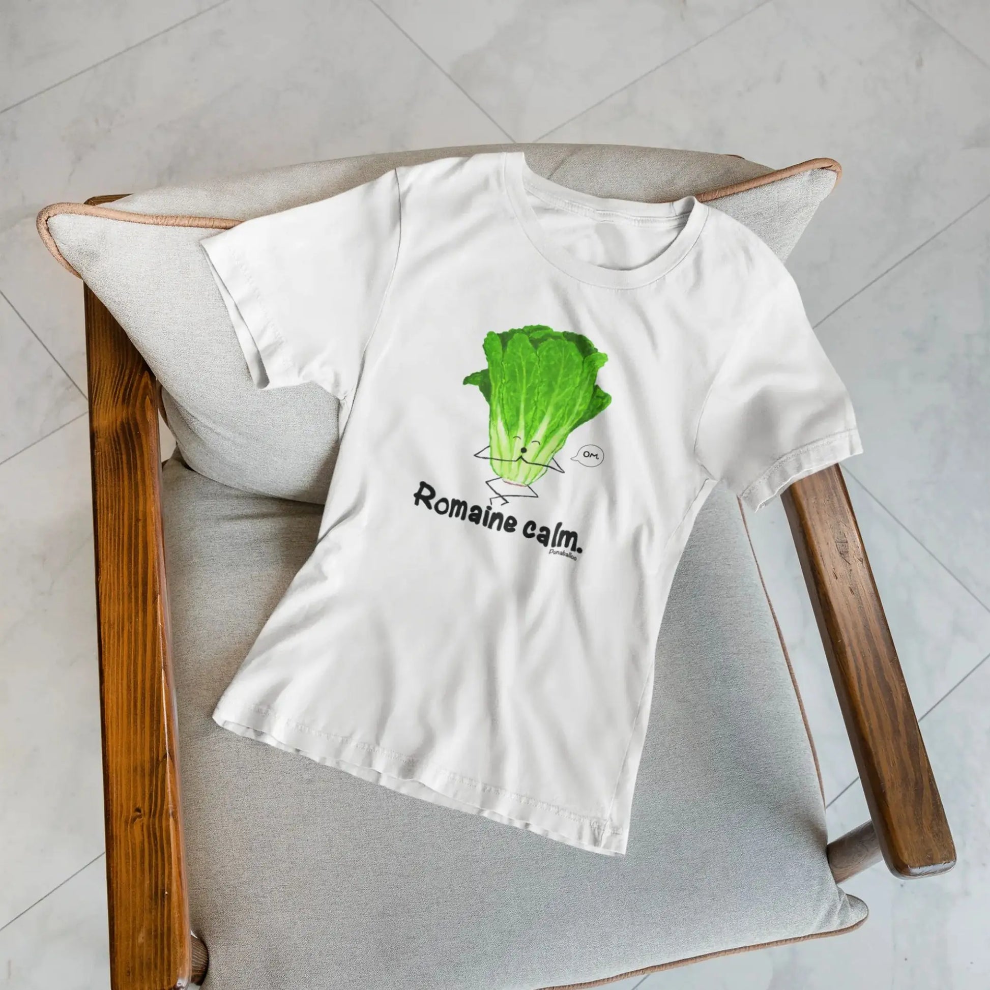 Funny Lettuce Pun T-Shirt “Romaine Calm” hand-drawn lettuce design front view