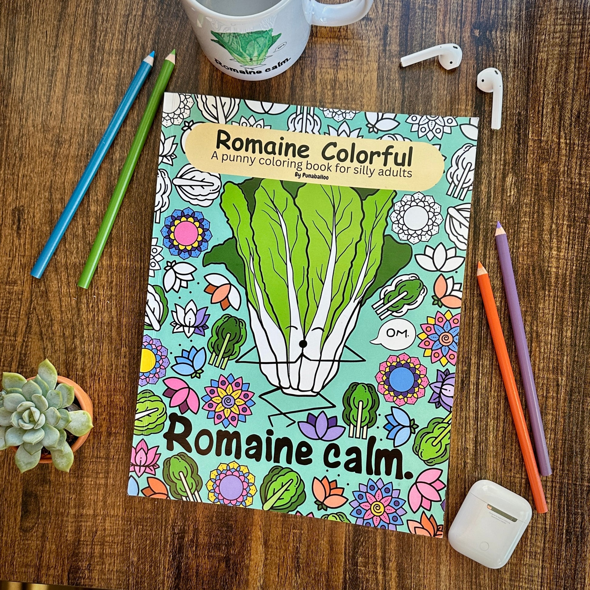 Funny adult coloring book cover with food puns and vegetable jokes for stress relief