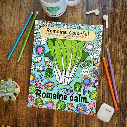 Funny adult coloring book cover with food puns and vegetable jokes for stress relief