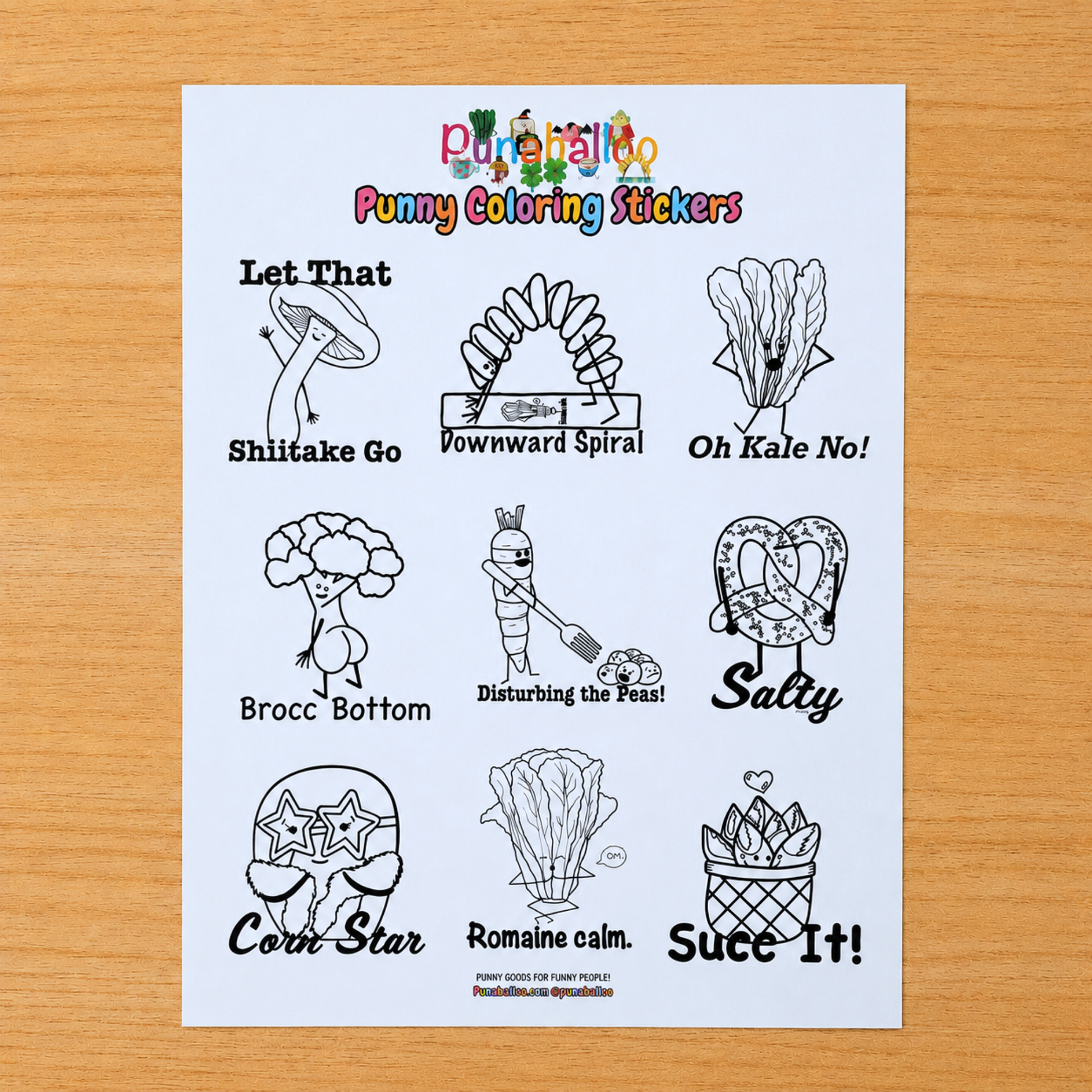 Funny food pun coloring sticker sheet for adults with black and white hand drawn designs