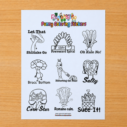 Funny food pun coloring sticker sheet for adults with black and white hand drawn designs