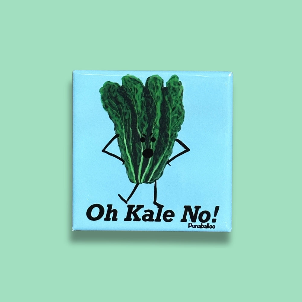 Funny refrigerator magnet featuring stressed kale character with Oh Kale No phrase