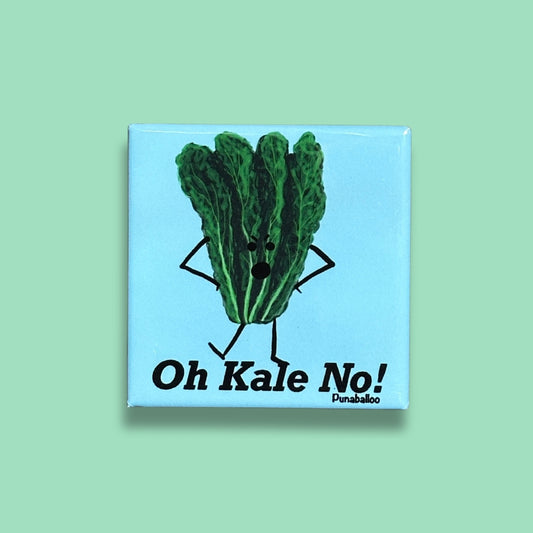 Funny refrigerator magnet featuring stressed kale character with Oh Kale No phrase