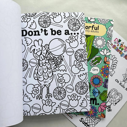 Funny chicken pun coloring page inside adult coloring book bundle with sticker sheet