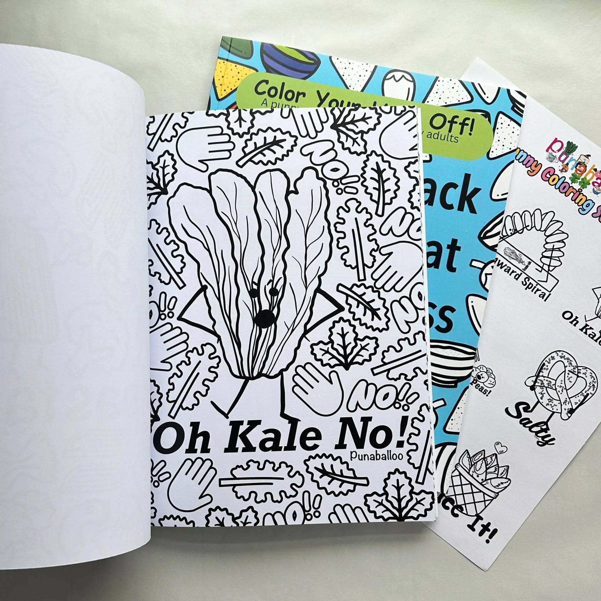 Funny food pun adult coloring book bundle featuring Oh Kale No page and sticker sheet