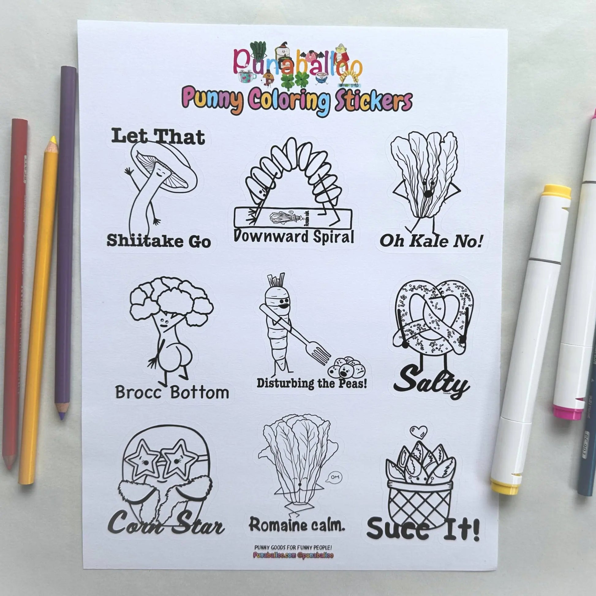 Funny food pun coloring sticker sheet for adults with black and white designs, 9 hand drawn stickers on 8.5x11 uncoated paper with colored pencils and markers