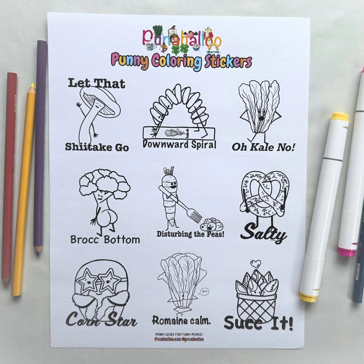 Funny food pun coloring sticker sheet for adults with bold line art designs and markers