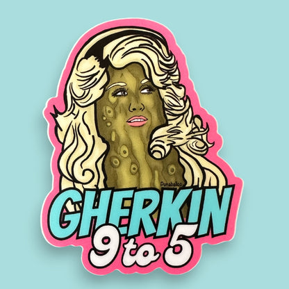 Gherkin 9 to 5 pickle sticker — hand-drawn food pun design by Punaballoo, waterproof vinyl decal for snack fans and pun collectors.