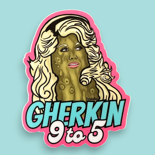 Gherkin 9 to 5 pickle sticker — hand-drawn food pun design by Punaballoo, waterproof vinyl decal for snack fans and pun collectors.