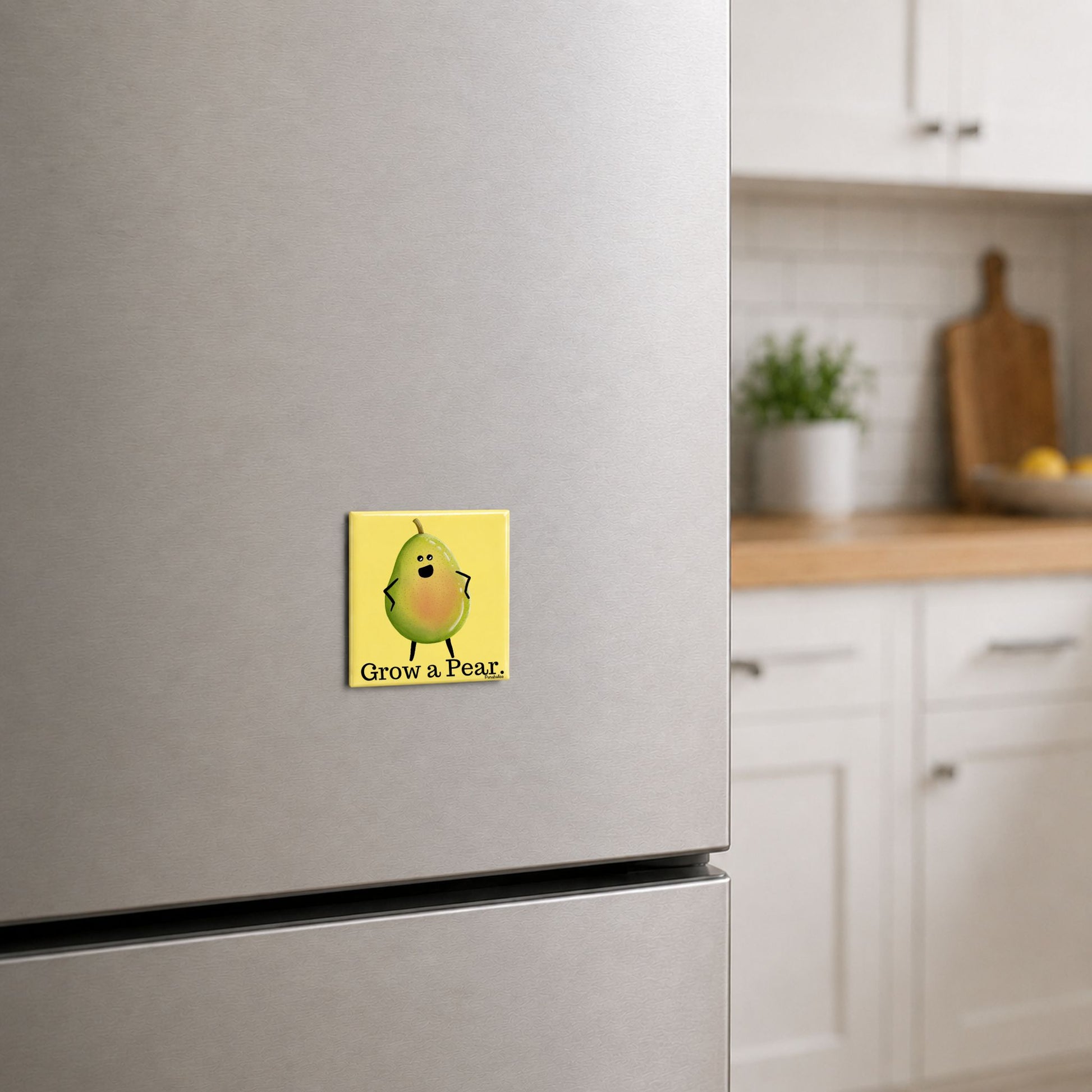 Grow a Pear funny fruit magnet on a kitchen fridge