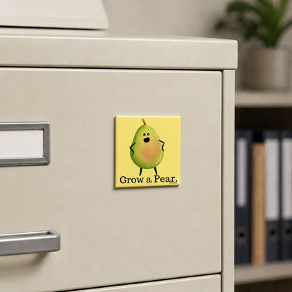 Grow a Pear pear pun magnet on a cream file cabinet
