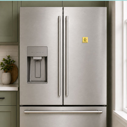 Grow a Pear pear pun magnet on a stainless steel refrigerator