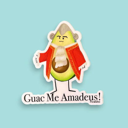 “Guac Me Amadeus” avocado sticker — hand-drawn New Wave food pun design by Punaballoo, waterproof vinyl decal for avocado and music fans.