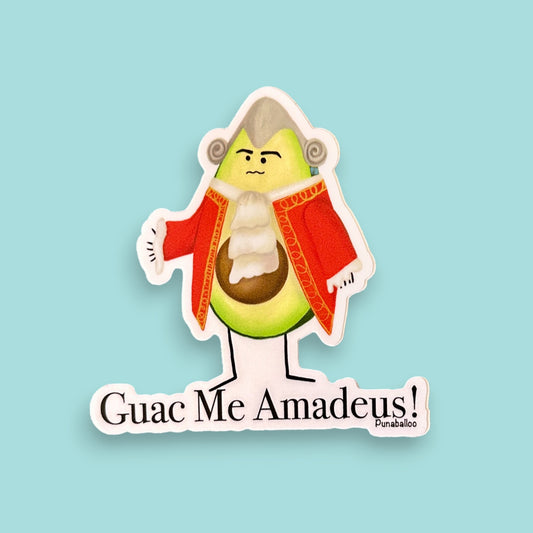 “Guac Me Amadeus” avocado sticker — hand-drawn New Wave food pun design by Punaballoo, waterproof vinyl decal for avocado and music fans.