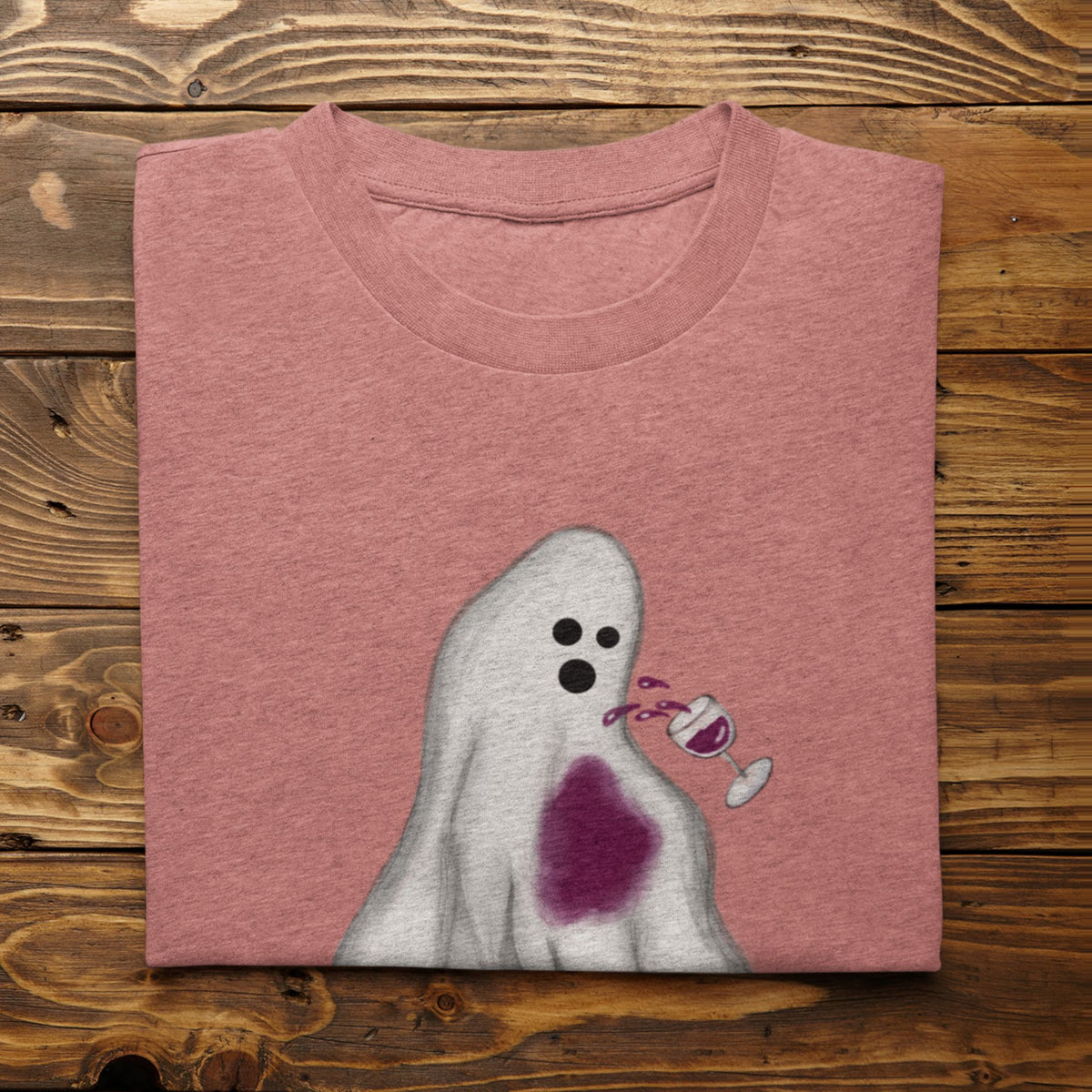 Heather mauve Oh Sheet ghost shirt with spilled red wine design