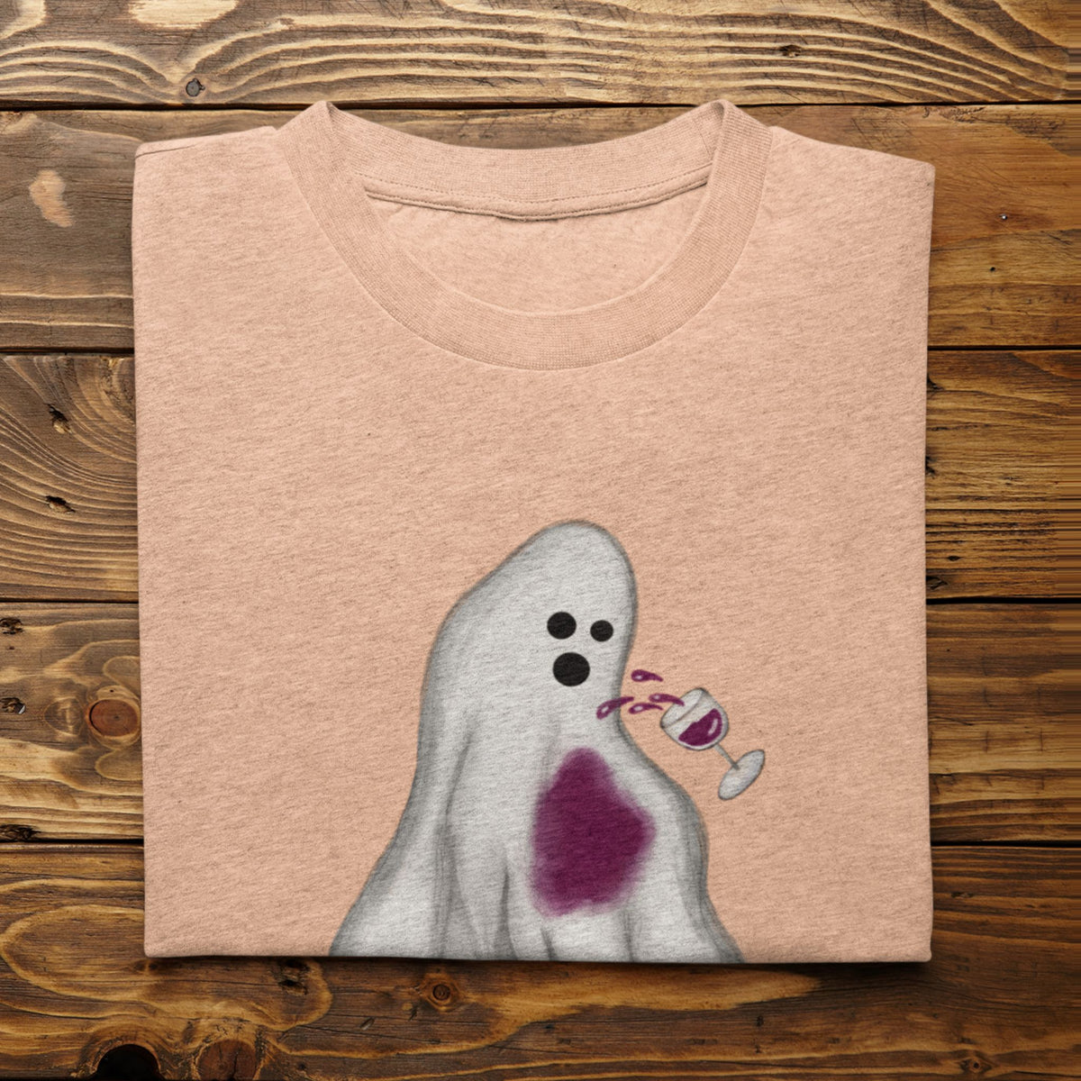Heather peach Oh Sheet ghost shirt with spilled red wine design