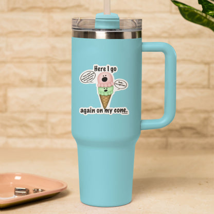 Here I Go Again on My Cone funny dessert sticker on a blue travel tumbler
